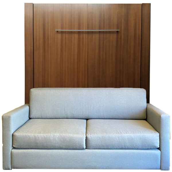 Queen size Monaco style Sofa Murphy Bed in Mahogany wood with Autumn Haze finish. Sofa shown with Sky Mist color fabric.