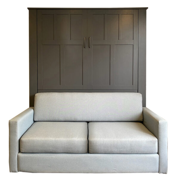 Queen size Park City style Sofa Murphy Bed in Paint Grade wood with Slate Gray finish. Sofa shown with Sky Mist color fabric.