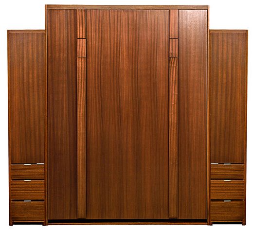 Queen size Edge Wall Bed in Mahogany Wood / Autumn Haze with Black Glaze Finish, Deep Design, Black Wallbed Lights, Two 18" 3 Drawer Wardrobe side cabinets.