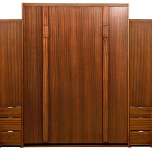 Price as shown $7,178. Price includes Queen size Edge Wall Bed in Mahogany Wood / Autumn Haze with Black Glaze Finish, Deep Design, Black Wallbed Lights, Two 18" 3 Drawer Wardrobe side cabinets. Shipping Sale! For a limited time, Wilding Wallbeds will pay up to $400 of your shipping.