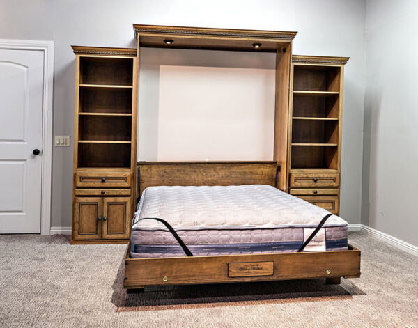 Price as shown $7,983. Price includes our Queen size Harmony II style Wallbed in Cherry wood with a Natural finish with Black Glaze, Deep Design, LED Wallbed Lighting System with safety cut off, one 24" Left Door & Drawer side cabinet with Slide Out Night Tray, one 24" Right Three Drawer side cabinet with Slide Out Night Tray. Shipping Sale! For a limited time, Wilding Wallbeds will pay up to $400 of your shipping.