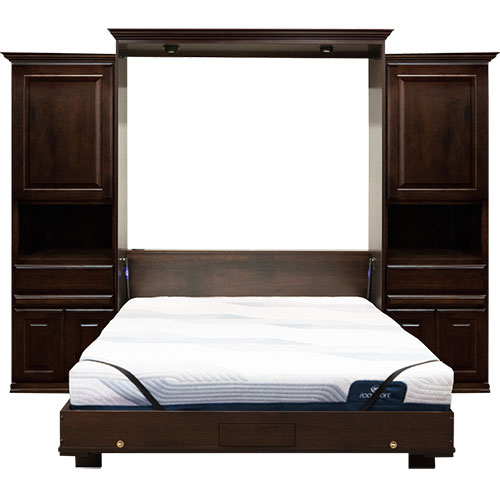 Price as shown $7,582. Price includes Queen size Presidential Wall Bed in Cherry wood with Mocha Nut finish, 20" Deep design, LED Lighting System, 2- 24" Door and Drawer Hutches, both with our slide out tray. Shipping Sale! For a limited time, Wilding Wallbeds will pay up to $400 of your shipping.