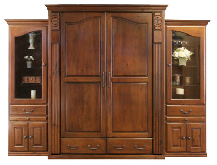 Price as shown $8,679. Price includes our Queen size Tuscany Wall Bed in Rustic Cherry Wood / Autumn Haze Finish, two 24" Deluxe Door & Drawer side cabinets with Upper Clear Glass Doors, Glass Shelves and Slide Out Trays. Shipping Sale! For a limited time, Wilding Wallbeds will pay up to $400 of your shipping.