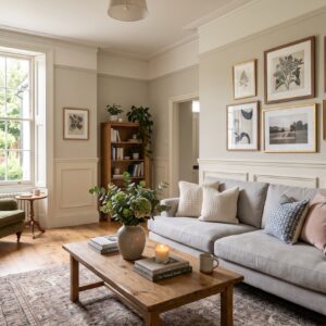 room with wainscoting and sofas
