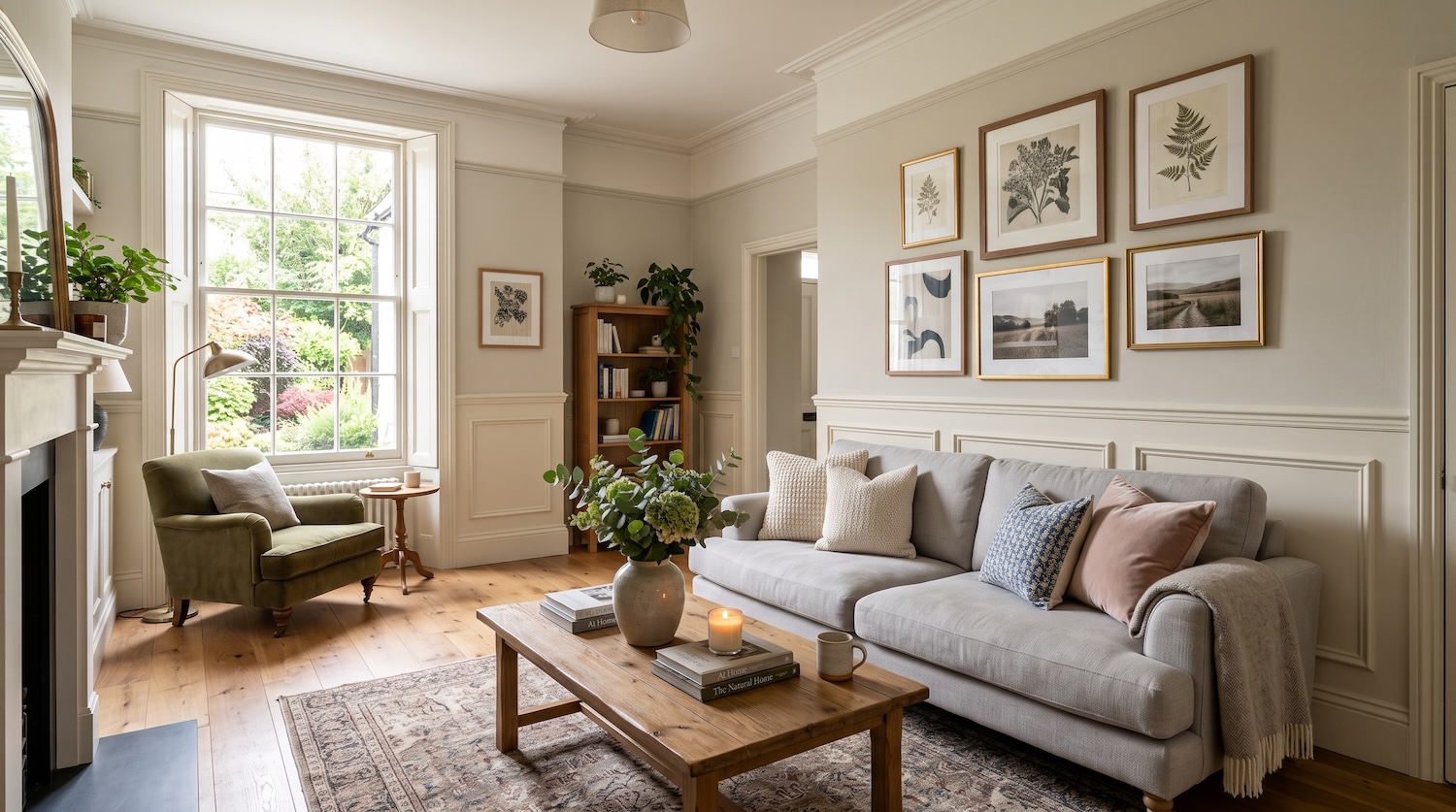 room with wainscoting and sofas