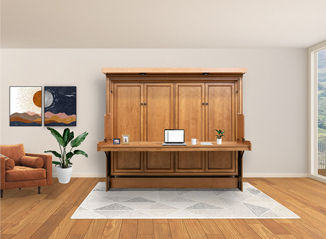 Murphy desk bed in a room with items on the desk.