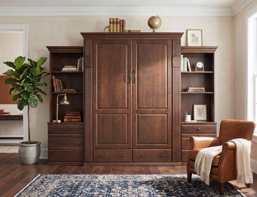 The monticello wall bed in a room with a leather chair
