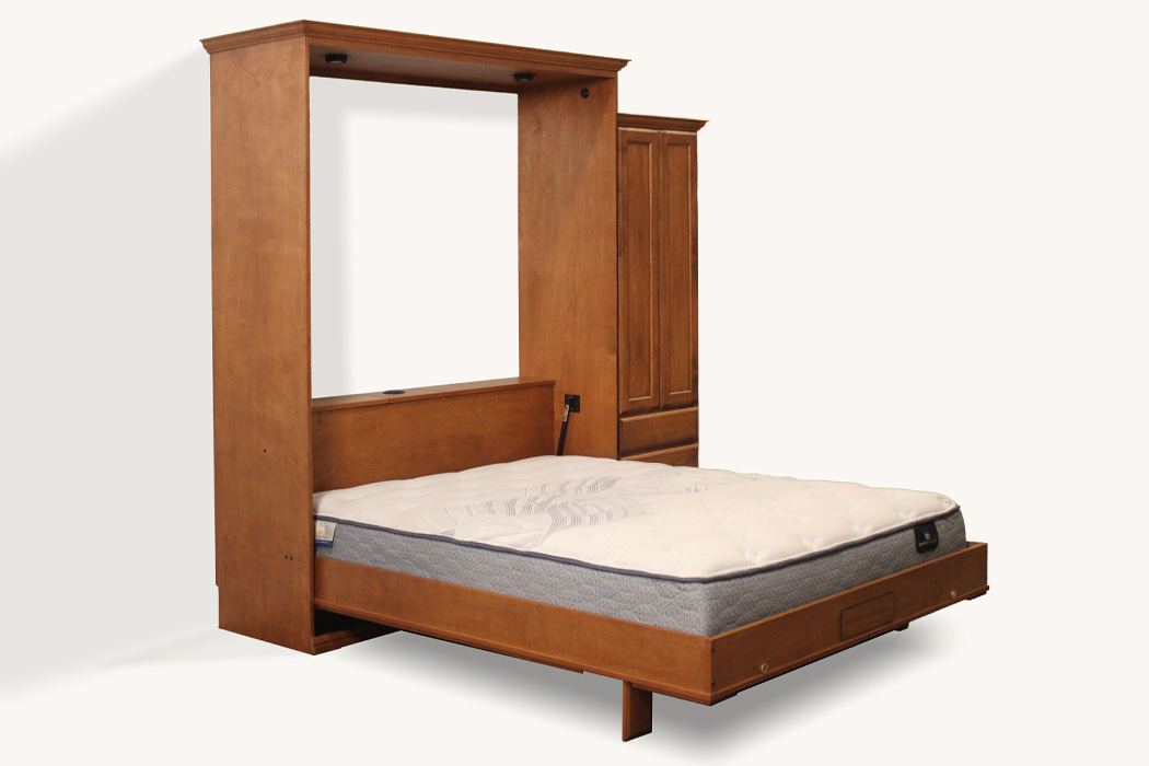 queen wallbed with a drop down table bed open